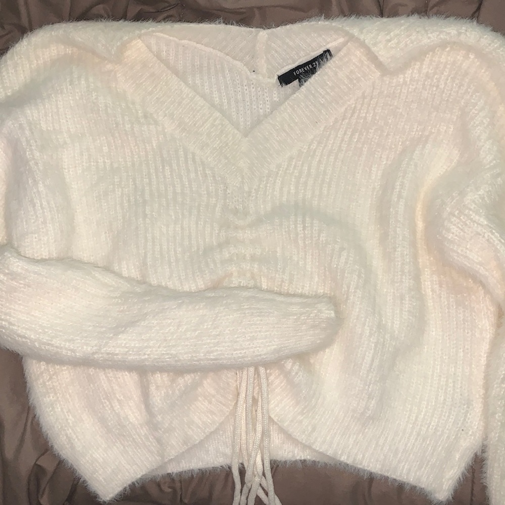 White drawstring fuzzy sweater